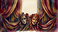 Young female and male theatrical masks with golden finishes displayed against draped burgundy, gold and blue curtains, representing comedy and tragedy for theater, performing arts, entertainment and cultural events.