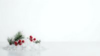 Red berries and evergreen branches arranged on white snow against neutral background, suitable for winter holiday greeting cards, seasonal marketing materials, and festive decorations.