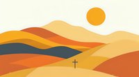 Minimalist desert landscape with rolling orange and yellow hills, dark blue mountain silhouette, and solitary cross under bright sun, suitable for religious themes.