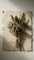 Dried wildflower bouquet with teasel and sage tied with twine on textured handmade paper, neutral earthy tones, rustic boho aesthetic.