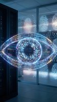 Digital eye hologram with fingerprint biometric security technology in modern data center for cybersecurity and identity verification systems.