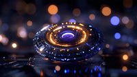 Futuristic glowing circular tech device with orange and blue light effects against dark background with bokeh lights, modern sci-fi technology concept.