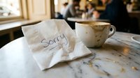 Napkin with handwritten word Sorry next to a coffee cup on marble cafe table, conveying apology, regret, and relationship concept.