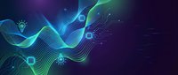 Digital technology wave with glowing circuit patterns and innovation icons on dark gradient background for modern tech presentations and designs.