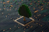 Green digital tree growing from computer processor on circuit board background represents sustainable technology and eco-friendly computing solutions.