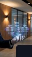 Businessman hand presenting holographic database network diagram in modern office environment for digital transformation and data management solutions.