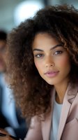 Young mixed-race businesswoman with curly hair in pink blazer looking confident in modern office environment for professional corporate content.