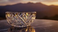 Elegant crystal bowl with intricate cut patterns on marble surface against mountain sunset backdrop. Luxury tableware for fine dining and home decor.