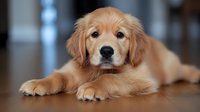 Adorable Golden Retriever puppy lying down with paws stretched forward, soft fur and sweet expression against blurred background, captured in warm natural lighting.