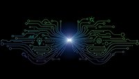 Digital circuit board pattern with bright central light burst on black background for technology and electronics design projects.