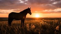 Horse silhouette standing in golden grassland field during dramatic sunset with orange and pink sky clouds creating peaceful countryside scene.