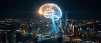 Glowing brain hologram floating above illuminated city skyline at night representing artificial intelligence, innovation and smart technology concepts.
