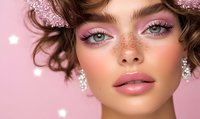 Young Caucasian woman with freckles and pink makeup, curly hair with glitter decorations, wearing crystal earrings against pink background with bokeh lights.