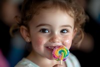 Young child with curly blonde hair and freckles enjoying colorful spiral lollipop candy with bright smile and rosy cheeks against dark background.