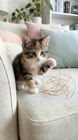 Playful tabby and white kitten sitting on beige sofa with toy string in modern living room with potted plants and bookshelf. Perfect for pet, home decor, lifestyle content.