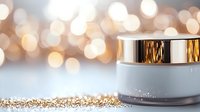 Luxury cosmetic cream jar on glittering golden bokeh background. Premium skincare product photography for beauty and wellness advertising and promotion.