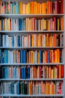 Colorful books arranged by spectrum on white wooden shelves, creating rainbow effect in home library. Books organized from blue to orange and red tones.