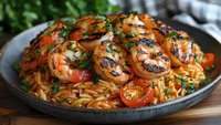 Grilled shrimp with herbs served over pasta with cherry tomatoes in cast iron skillet. Restaurant quality seafood dish for culinary and food photography.
