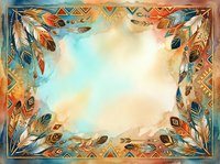 Watercolor feather frame with tribal geometric patterns and warm earth tones, featuring ornamental borders in orange, teal, and gold. Central white space ideal for text, invitations, or design layouts.
