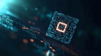 Futuristic digital microchip with glowing orange core on circuit board background, representing advanced computing technology and quantum processing.