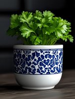 Fresh parsley leaves in white ceramic pot with blue floral pattern on dark wooden surface. Moody food photography with natural lighting and selective focus.