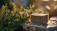 Natural handmade soap bar with rosemary herbs on stone in warm sunlight, showcasing organic skincare ingredients for spa and wellness products.