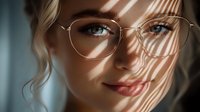 Young Caucasian woman wearing round glasses with light and shadow stripes on face, soft smile and blue eyes, blonde hair, natural makeup look in atmospheric lighting.