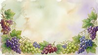 Watercolor grapevine border with purple and green grapes, leaves and curling vines on soft cream background. Suitable for wine labels, invitations, menus and decorative design projects.