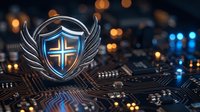 Digital shield with cross and wings on circuit board background representing cybersecurity protection and faith-based technology solutions for business.