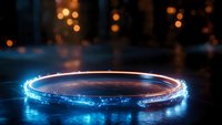 Glowing magical ring with blue energy sparks and light trails on dark reflective surface against blurred bokeh background creates mystical atmosphere.
