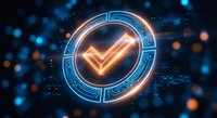 Glowing neon checkmark symbol in futuristic digital circle with blue and orange lights on dark tech background for approval concepts.