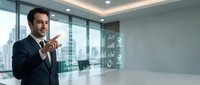 Young male professional in formal business attire presenting data analytics and growth charts on transparent digital display in modern office with city skyline view.