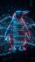 Glowing neon penguin with digital code and circuit patterns on dark background, futuristic cyber technology concept art.