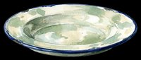 Ceramic bowl with green watercolor brushstrokes and blue rim, isolated on transparent background. Ready for clipart, design elements, print-on-demand products, sublimation, and digital crafts.