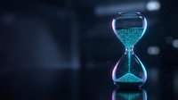 Digital hourglass with glowing cyan grid pattern on dark background with floating particles for technology and time management concepts.