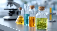 Glass bottles with colorful liquid chemicals in laboratory setting, microscope in background. Scientific research and chemical analysis concept for pharmaceutical studies.