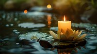 Glowing candle in lotus flower floating on tranquil water at dusk, creating peaceful ambiance for meditation and spiritual practices.
