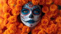 Face painted in traditional Mexican sugar skull style surrounded by vibrant orange marigold flowers, featuring intricate blue and red details against white base makeup.