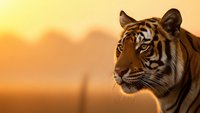 Majestic tiger portrait with intense gaze against warm golden sunset background. Wild cat predator in natural habitat for wildlife conservation campaigns.