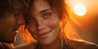 Young redhead woman with freckles smiling at sunset while partner whispers in her ear, creating intimate romantic moment in golden hour light.