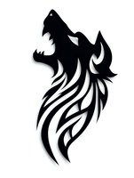 Black tribal wolf silhouette with flowing lines and patterns isolated on white background, suitable for tattoo designs, logos, and graphic elements.