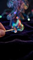 Colorful smoke rising from lit match with rainbow flames against dark background with bokeh lights creating magical atmosphere for creative projects.