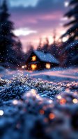Cozy winter cabin glowing warmly at dusk with snow-covered landscape, magical bokeh lights, and purple-pink sky creating dreamy atmospheric scene.