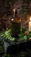 Herbal essential oil bottle with fresh green leaves on stone surface in candlelit apothecary setting for natural wellness and aromatherapy treatments.