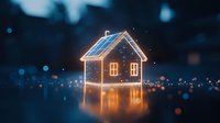 Glowing miniature house with solar panels reflects on water surface against dark background with magical bokeh lights creating dreamy atmosphere.