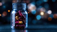 Medical capsules with glowing sparkles in glass jar against dark background with bokeh lights creating magical pharmaceutical atmosphere.