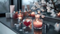 Romantic table setting with heart-shaped and pillar candles, delicate white flowers, and soft candlelight creating an intimate ambiance for Valentine's Day or anniversary celebrations.