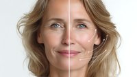 Before and after comparison showing anti-aging skincare results with visible reduction in wrinkles and improved skin texture on mature Caucasian woman with blonde hair.