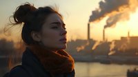 Young Asian woman with messy bun and orange scarf gazes at industrial landscape with smoking chimneys during golden sunset, environmental concept and urban pollution.