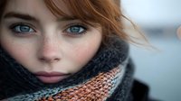 Young woman with striking blue eyes and freckles wearing knitted winter scarf, close-up portrait with soft natural lighting and blurred background.